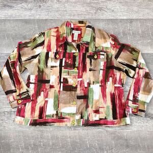 Drapers & Damons Geometric Textured Button Up Jacket Womens 2X Cotton Tan Multi